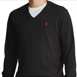 Polo Ralph Lauren Men’s Cotton V-Neck L/S Red Pony Sweater Black Medium GUC